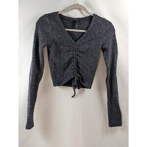 Wild Fable VNeck Sweater‎ XS Cropped Ruched Front Fitted Knit Black Long Sleeve